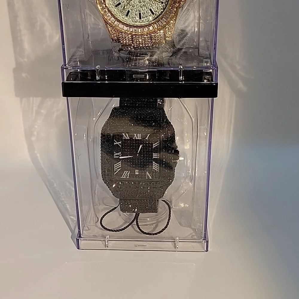 Blacked Out Square Mens Watch Pavé Crystals 41mm Roman Numerals Date Illuminated